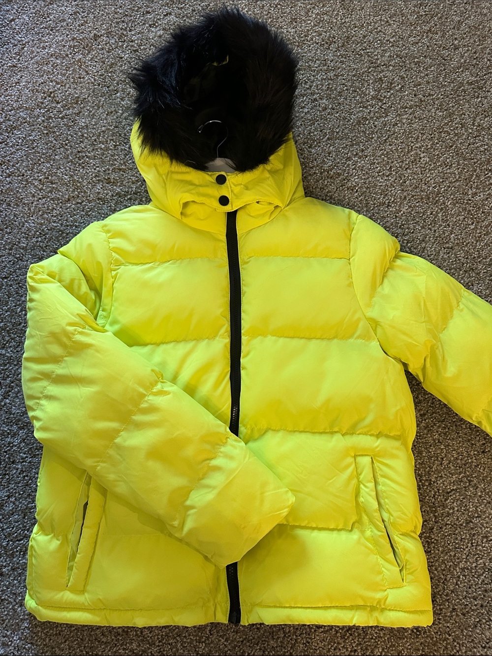Brave Soul Bright Yellow Puffer Jacket with Hood and Faux Fur